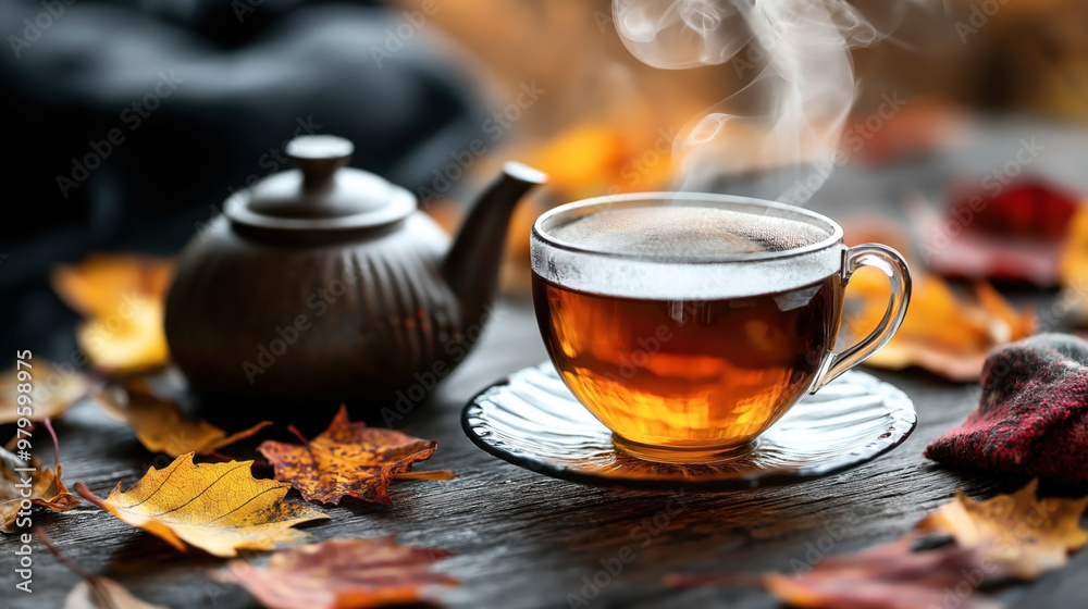 A steaming cup of tea in a glass cup placed on a wooden table surrounded by autumn leaves, with a teapot and a red scarf in the background. A steaming cup of tea in a glass cup placed on a wooden table surrounded by autumn leaves, with a teapot and a red scarf in the background.
