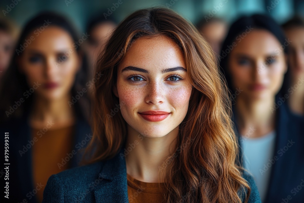 Confident Leader, Empowered Future: A young businesswoman stands confidently in the foreground, her team standing firm behind her, reflecting strength and unity in their shared vision. Confident Leader, Empowered Future: A young businesswoman stands confidently in the foreground, her team standing firm behind her, reflecting strength and unity in their shared vision.