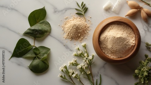 Natural flat lay with wooden bowl and beige powder