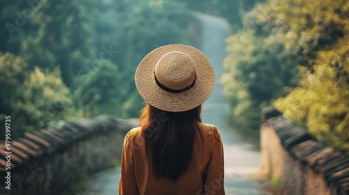 Woman with straw hat standing on bridge looking at view photo