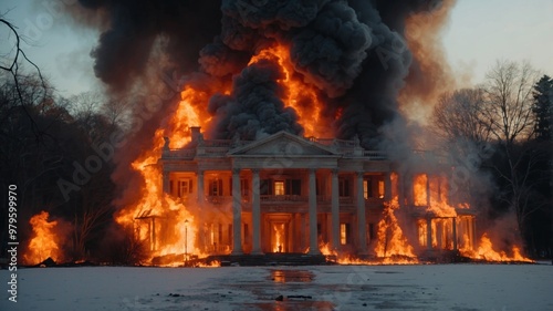 Neoclassical mansion engulfed in fierce raging flames