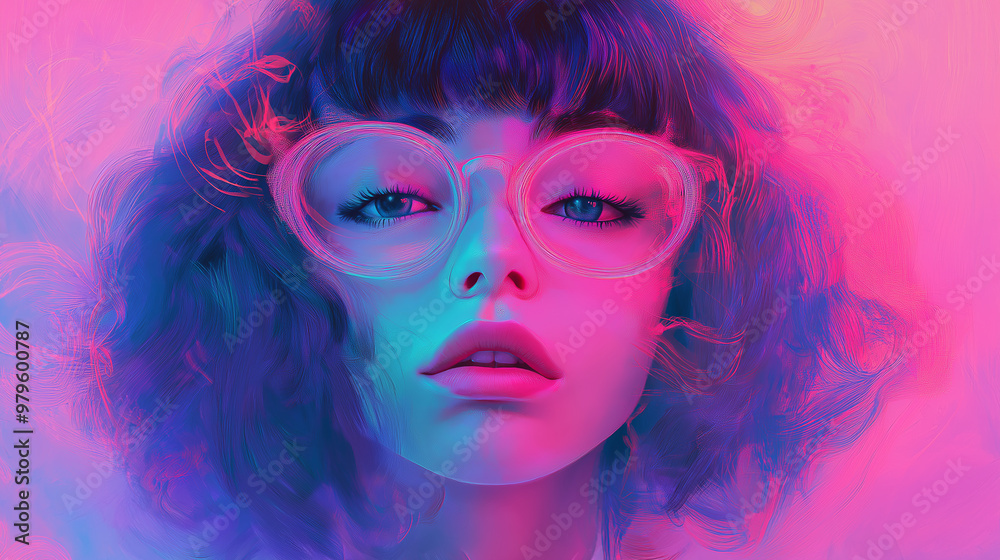 Woman with glasses posing in neon light Woman with glasses posing in neon light
