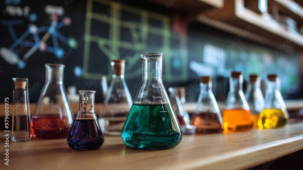 Chemistry Lab Experiment with Colorful Solutions in Flasks on a Wooden Table Chemistry Lab Experiment with Colorful Solutions in Flasks on a Wooden Table