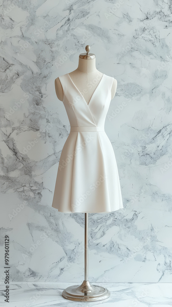 A minimalist dress displayed on mannequin against marble backdrop, showcasing elegance and simplicity. soft lines and neutral color create serene atmosphere A minimalist dress displayed on mannequin against marble backdrop, showcasing elegance and simplicity. soft lines and neutral color create serene atmosphere