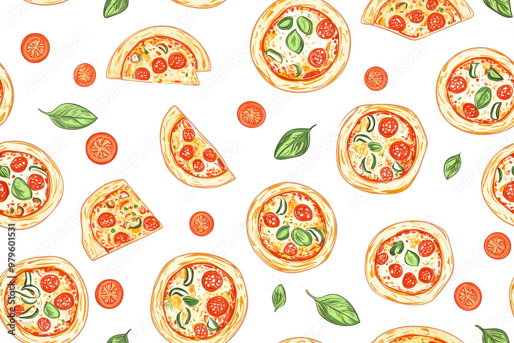 Pizza backdrop. Back line pizza pattern on white background.