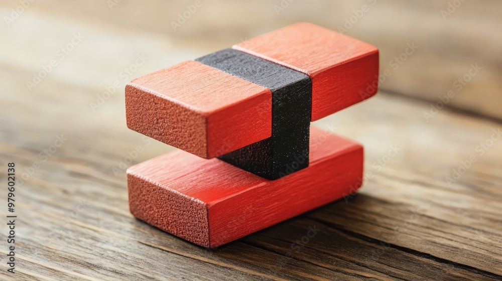 Red and Black Wooden Puzzle Blocks on Rustic Wood Background