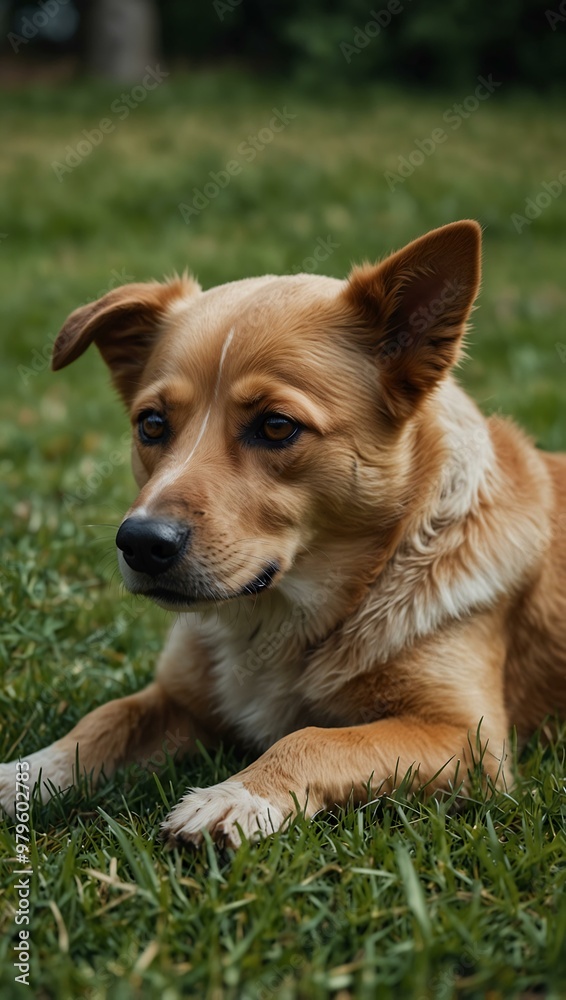 Dog resting on green grass. Dog resting on green grass.