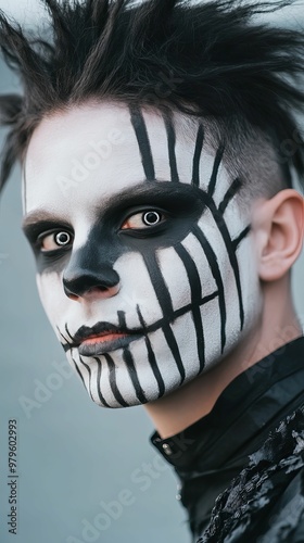 Man with bold halfhuman, halfmachine makeup, metallic tones, and sharp edges, cyberHalloween style photo