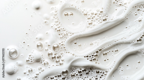 Abstract close-up image featuring white soap bubbles and foam forming delicate patterns on a white surface.