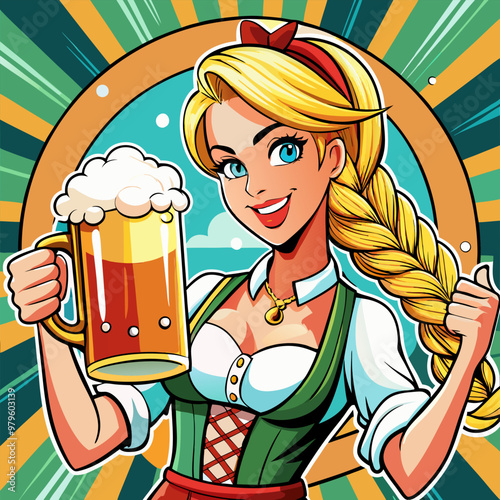 Germany Girl waitress carries beer glass. Oktoberfest celebration. Vector illustration in pop art retro comic style.