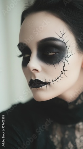 Woman with lacepatterned face makeup, gothic elegance, haunting Halloween beauty photo