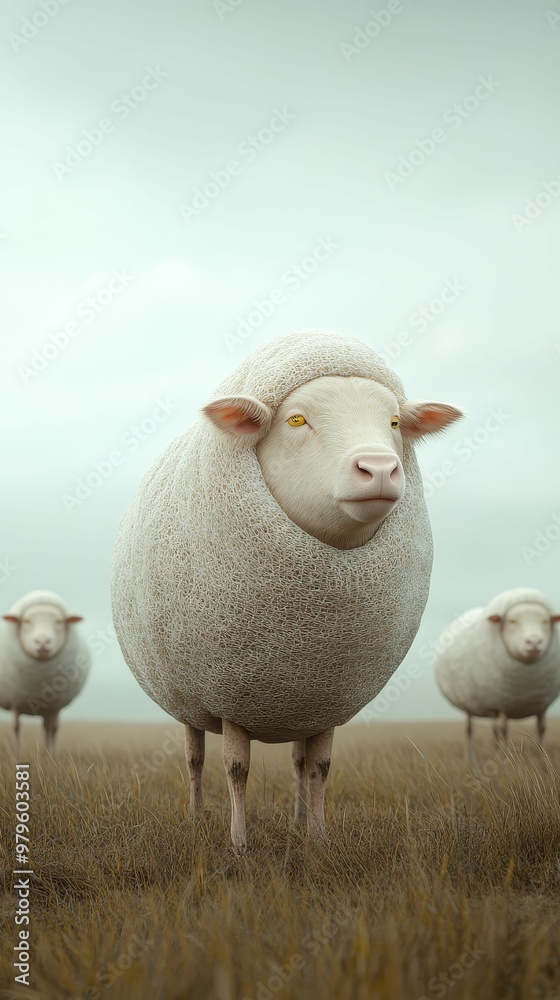 Fototapeta premium Livestock wearing protective covers in a field, a surreal take on farming during an epidemic
