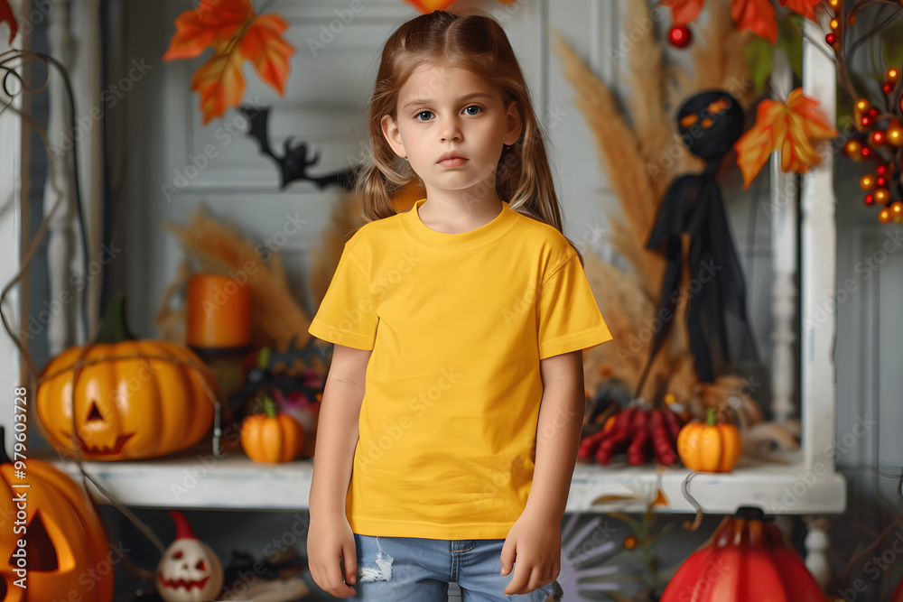 Fototapeta premium Halloween Kids t-shirt mockup, cute child girl in Yellow t-shirt