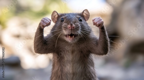 Angry, muscly rat flexing its muscles, showcasing a strong and intense expression, ideal for creative, character design, or animated concept visuals. photo