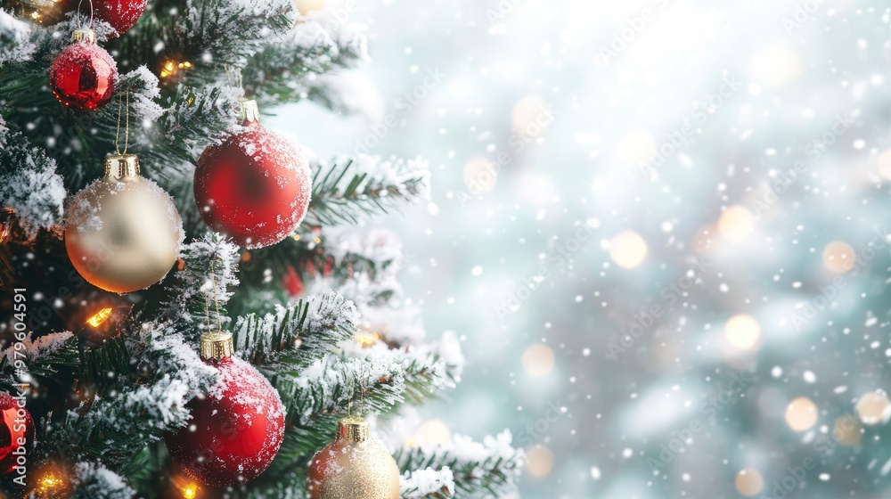 Close-up Of Decorated Christmas Tree With Snowy Background - Christmas with generative ai