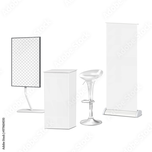 Exhibition set template. Blank white trade show table counter, swivel bar stool with foot rest, LCD monitor video TV stand, roll-up retractable banner. Vector mock-up. Trade show booth mockup kit