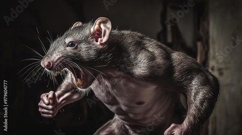 Angry, muscly rat flexing its muscles, showcasing a strong and intense expression, ideal for creative, character design, or animated concept visuals.