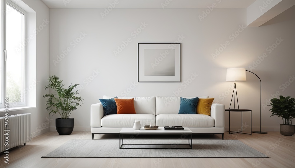 A modern, minimalist living room with a clean and elegant design, a sofa, and a bed, white minimal modern color
A modern, minimalist living room with a clean and elegant design, a sofa, and a bed, white minimal modern color
