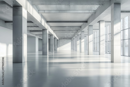Spacious and bright industrial interior with concrete columns, large windows, and smooth reflective floors, filled with natural light.
