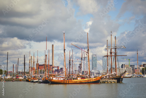 Scenic view of the harbor with boats in the center of Helsinki, Finland on a summer day. photo