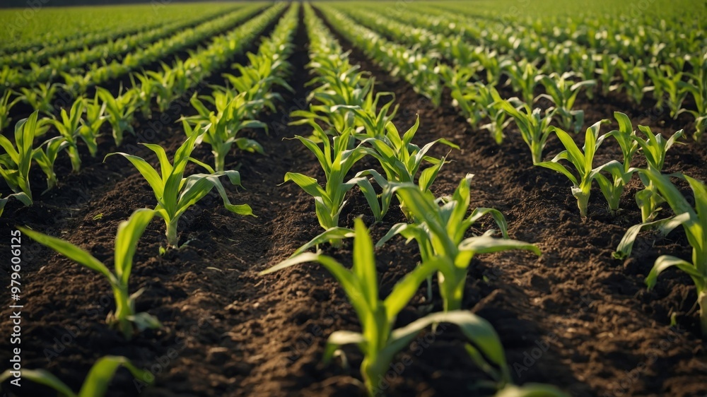 Naklejka premium Rows of young corn plants growing in a field