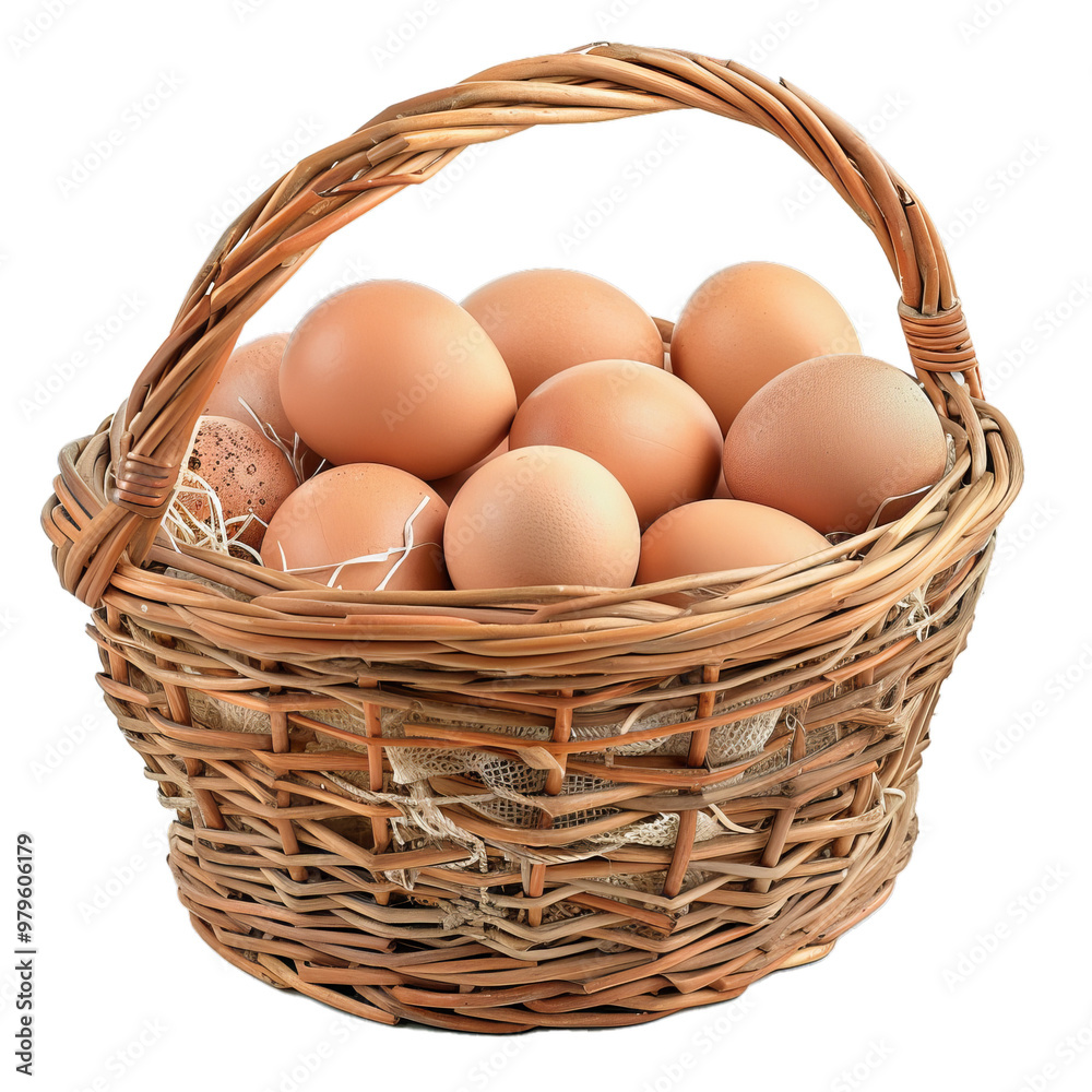 Rustic wicker basket overflowing with fresh brown eggs, just gathered from the hen house Rustic wicker basket overflowing with fresh brown eggs, just gathered from the hen house
