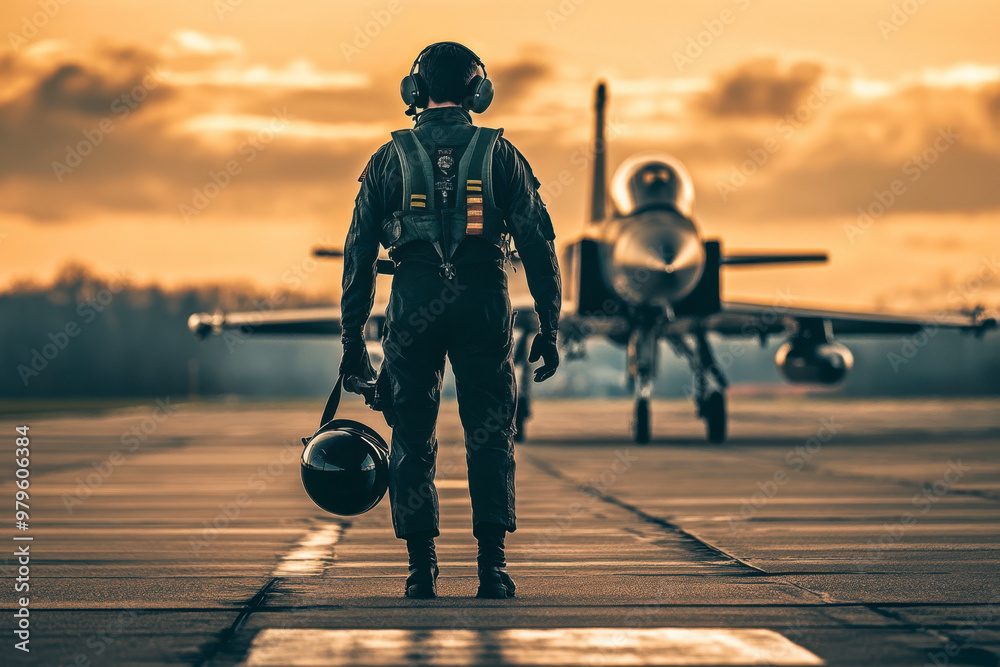 Obraz premium Fighter pilot standing a jet