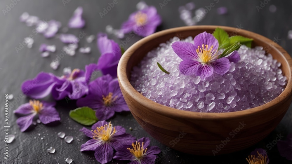 Rustic wooden bowl with purple bath salts and flower