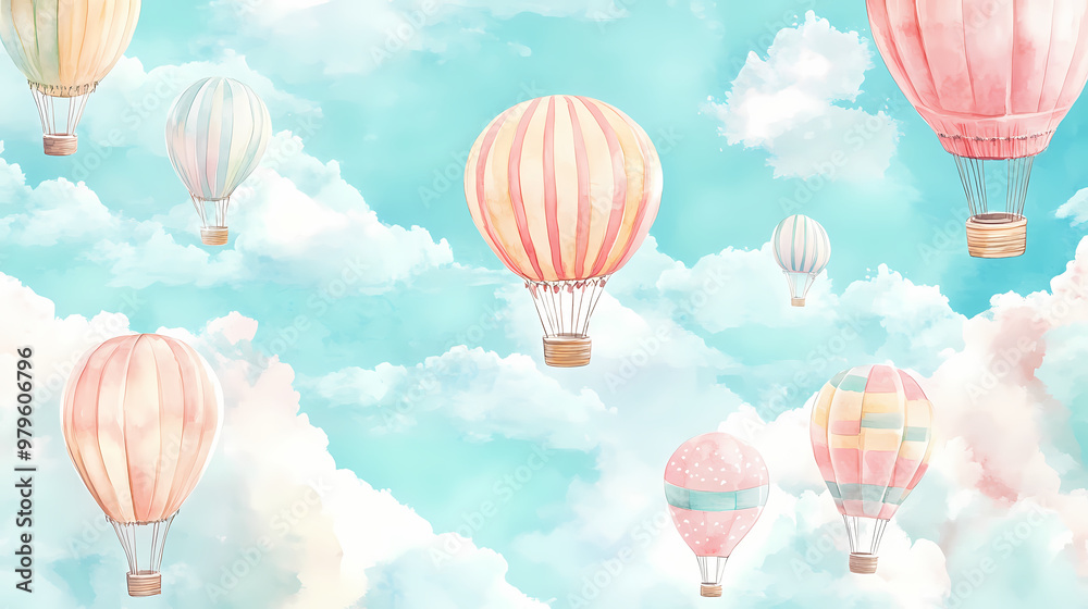 Obraz premium A whimsical watercolor pattern of hot air balloons floating above a sky filled with clouds, with a pastel color palette and playful details adding charm to the scene. Pastel Palette. Illustration