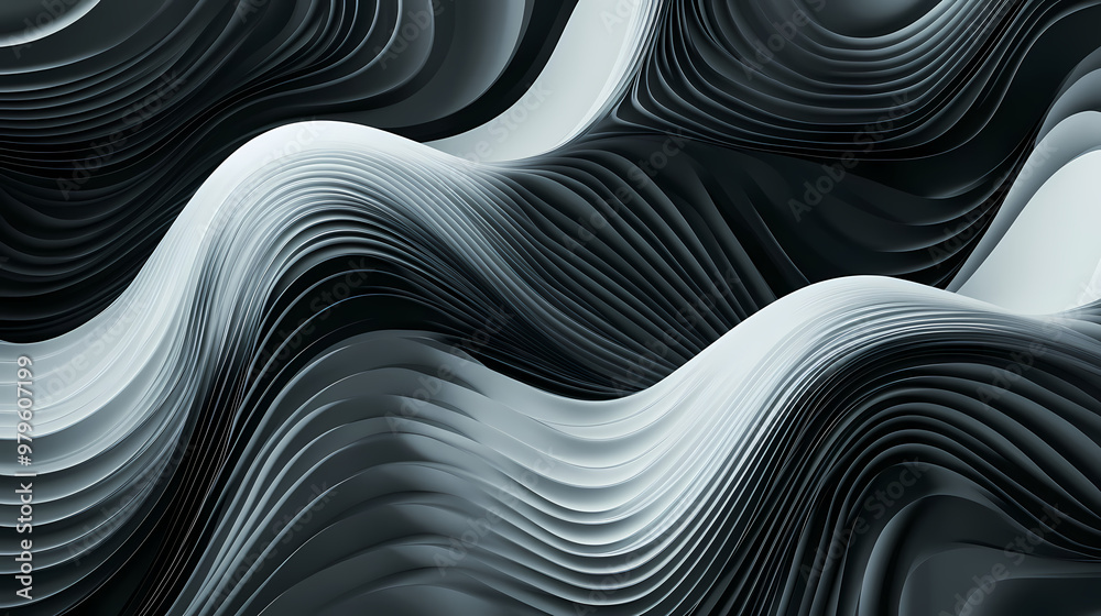 Abstract art of geometric patterns with flowing waves in a sleek monochrome design. Monochromatic. Illustration Abstract art of geometric patterns with flowing waves in a sleek monochrome design. Monochromatic. Illustration