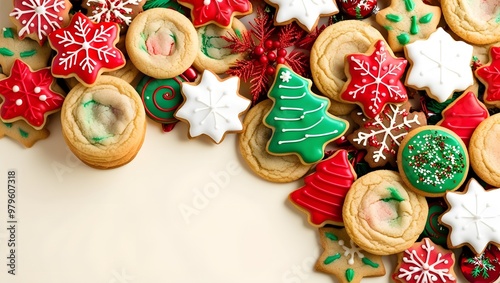 Assorted Christmas cookies with Festive decorations on cream background.
