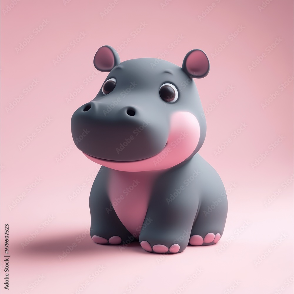 Fototapeta premium Adorable 3D Hippo Toy with Pink Background Charming 3D illustration of a cute hippo toy sitting on a soft pink background. Ideal for children’s themes and playful designs