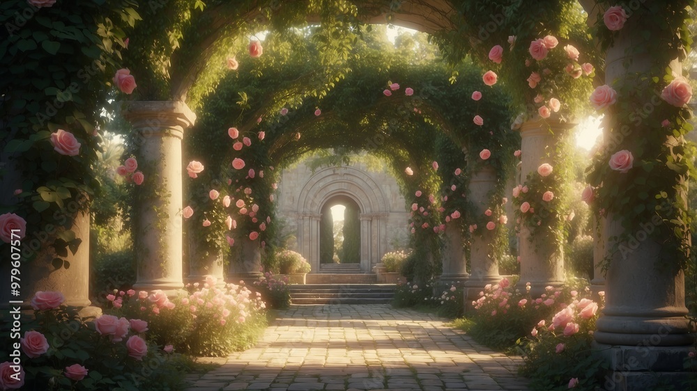 Fototapeta premium Serene garden walkway with vines and blooming roses