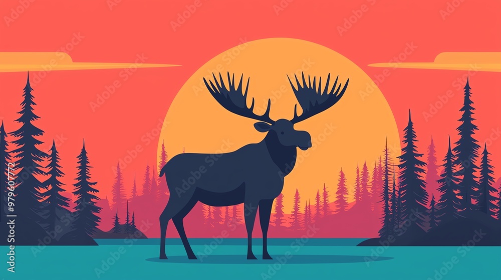 Lively cartoon moose flat design front view northern forest theme cartoon drawing split-complementary color scheme Lively cartoon moose flat design front view northern forest theme cartoon drawing split-complementary color scheme