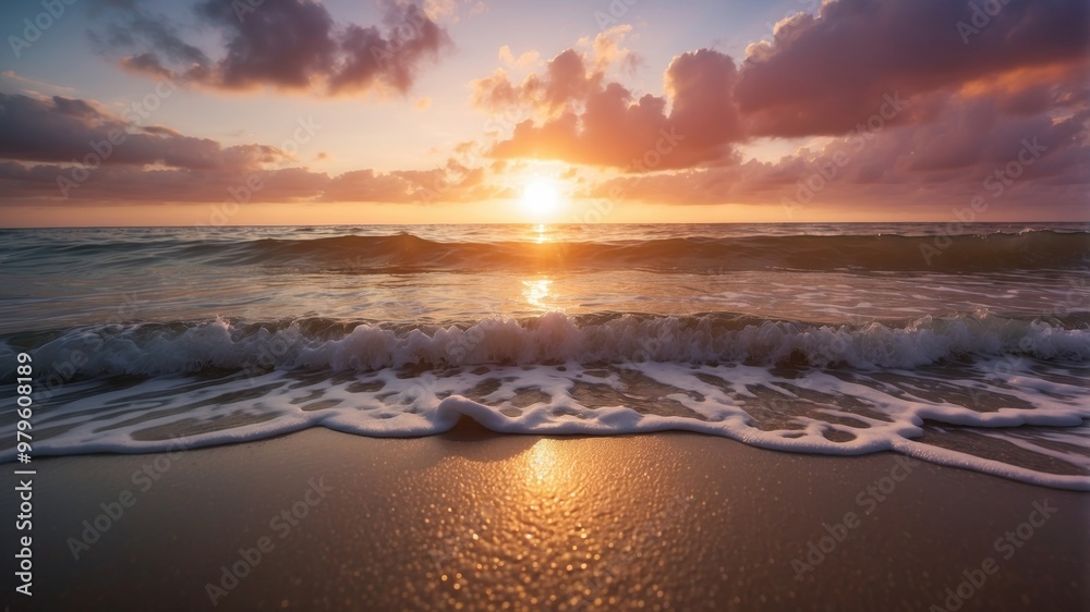 Obraz premium Serene sunset beach with gentle waves lapping