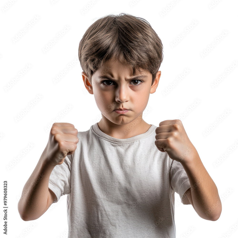 A kid clenching their fists, a serious and focused look on their face, standing firmly. isolated on transparency background A kid clenching their fists, a serious and focused look on their face, standing firmly. isolated on transparency background