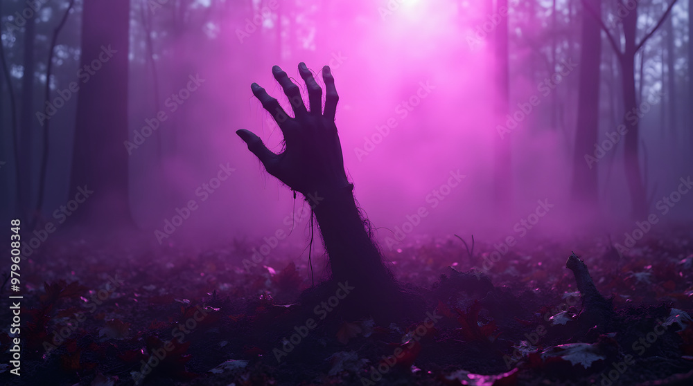custom made wallpaper toronto digitalZombie hand coming out of grave at night with foggy background, Halloween concept. Generative AI
