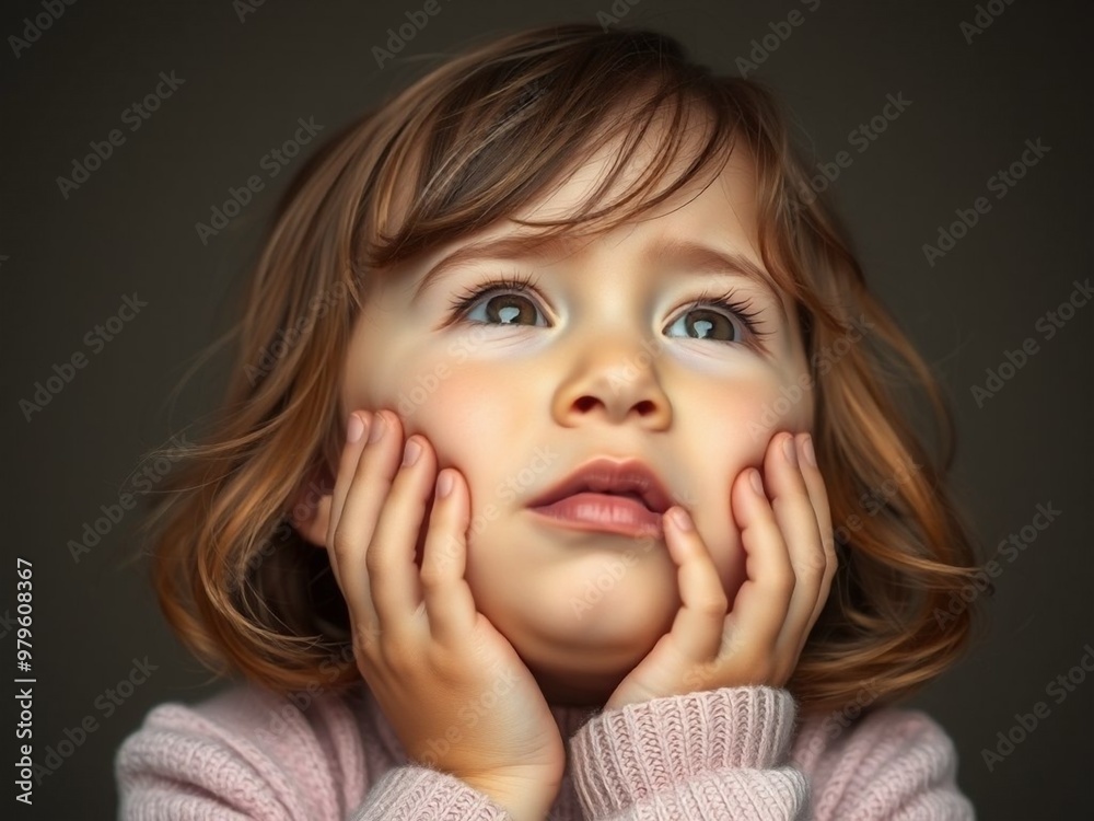 Amazing high resolution photos of embarrassed little beauty touching cheeks and looking up. Emotions Amazing high resolution photos of embarrassed little beauty touching cheeks and looking up. Emotions
