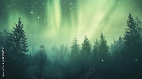 Aurora Borealis in green above a woodland photo