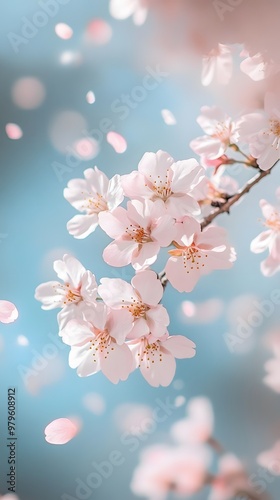 Delicate pink cherry blossoms gently fall against a soft blue sky.