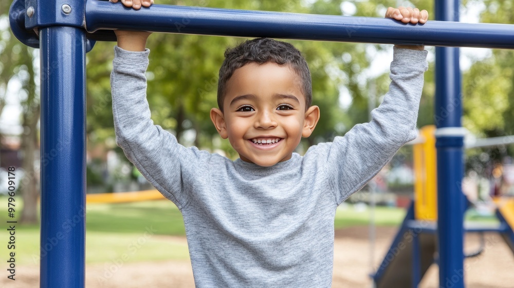 A joyful Hispanic boy hangs from the monkey bars in a playground, smiling brightly as he plays. The vibrant outdoor setting adds to the fun and excitement of his day A joyful Hispanic boy hangs from the monkey bars in a playground, smiling brightly as he plays. The vibrant outdoor setting adds to the fun and excitement of his day