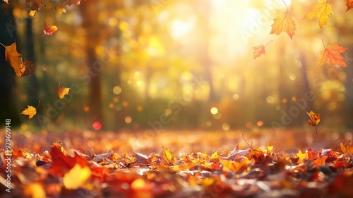 Colorful Autumn Leaves In Forest With Bright Golden Light And Bokeh - Fall Background with generative ai