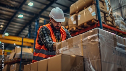 A warehouse worker in safety gear stacks boxes on shelves, ensuring proper organization and inventory management