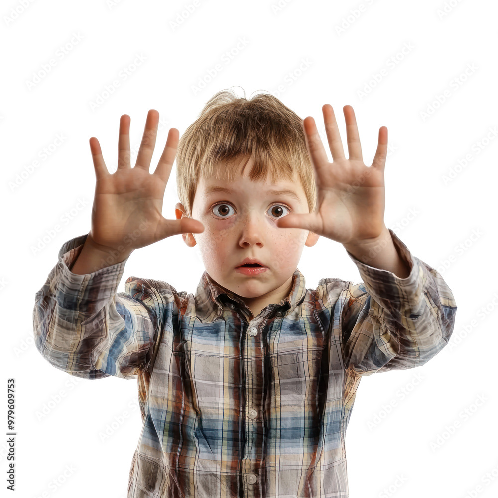 A kid cowering slightly, arms raised in front of their face as if shielding from something scary. isolated on transparency background A kid cowering slightly, arms raised in front of their face as if shielding from something scary. isolated on transparency background