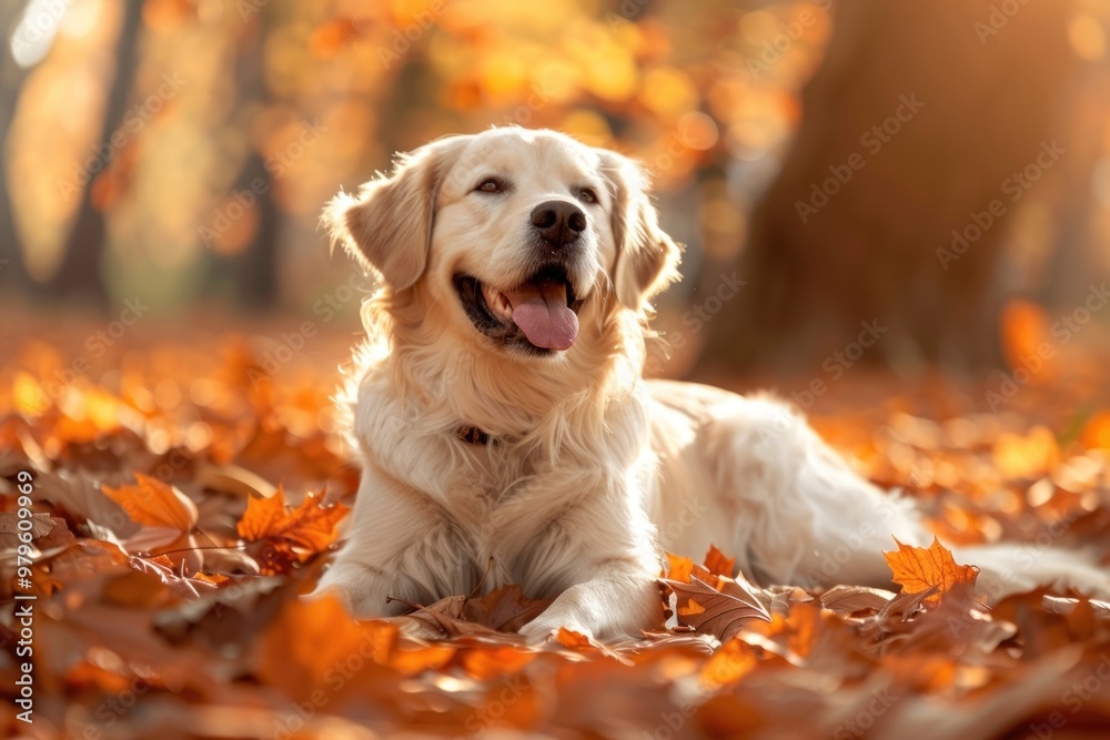 Happy Golden retriever lay on maple leafs autumn leaves outdoor. Happy Golden retriever lay on maple leafs autumn leaves outdoor.
