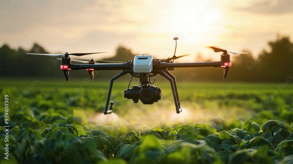 Agricultural Drone Spraying Crops in Field at Sunrise Agricultural Drone Spraying Crops in Field at Sunrise
