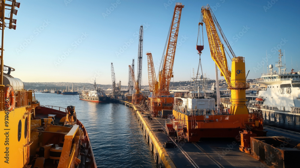 A seaport with multiple large cranes, cargo ships, and industrial equipment at the dockside, under clear sky conditions during daytime. Various vessels are docked alongside. A seaport with multiple large cranes, cargo ships, and industrial equipment at the dockside, under clear sky conditions during daytime. Various vessels are docked alongside.