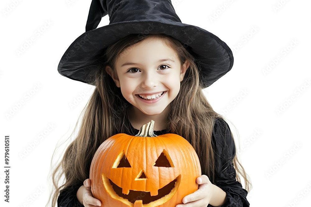 Happy Halloween with Smiling Girl in Witch Hat Holding Pumpkin