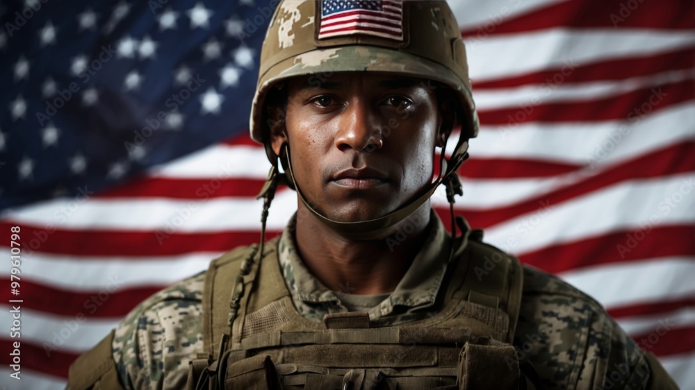 Soldier in uniform standing before american flag Soldier in uniform standing before american flag