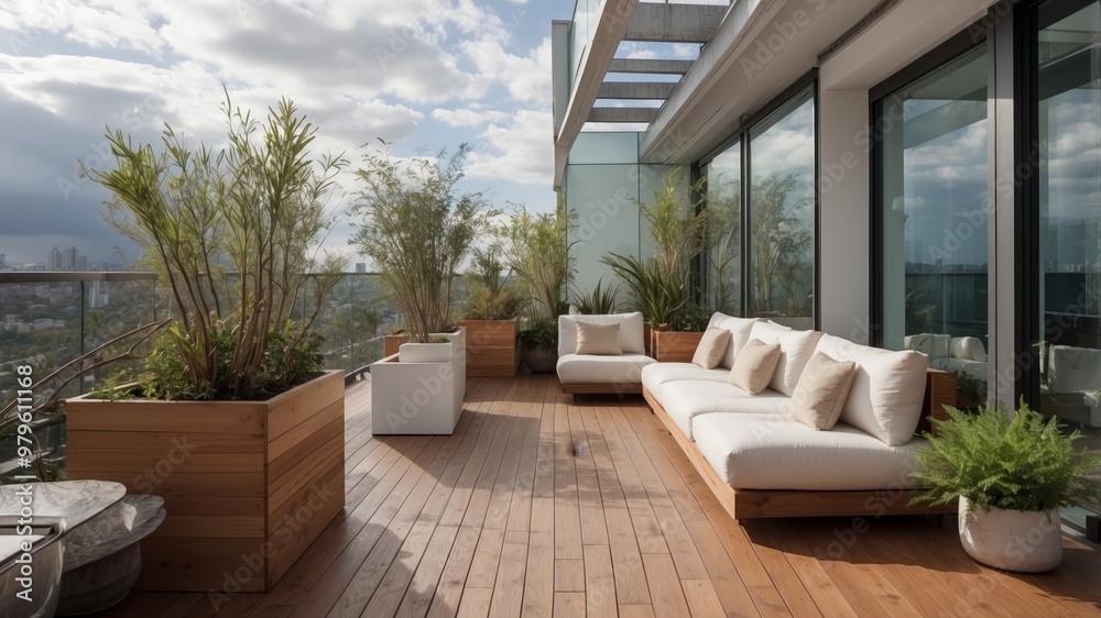 Naklejka premium Spacious rooftop terrace with cushioned outdoor sofa